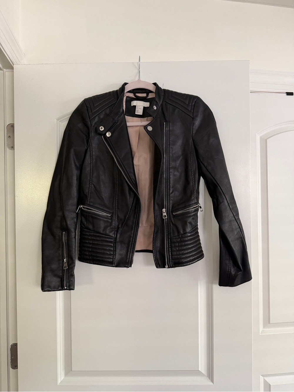 H&M Black Faux Leather Moto Jacket with Light Pink Lining